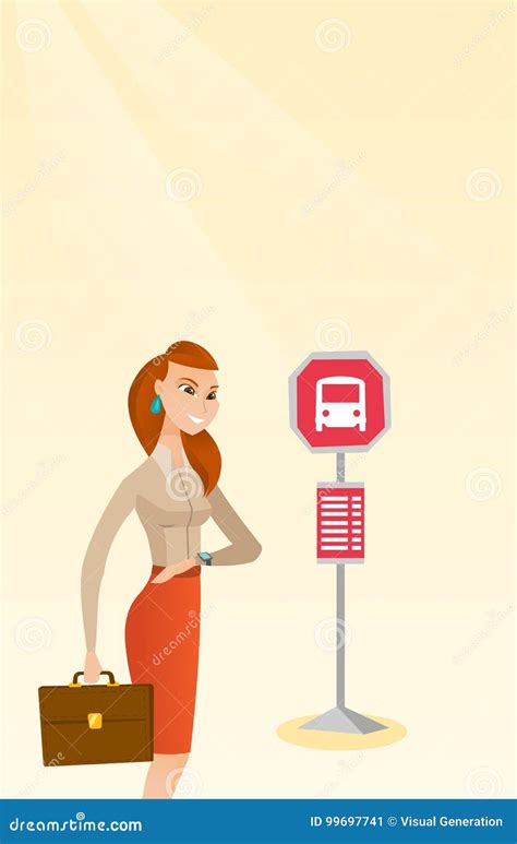 Caucasian Woman Waiting For A Bus At The Bus Stop Stock Vector Illustration Of Timetable