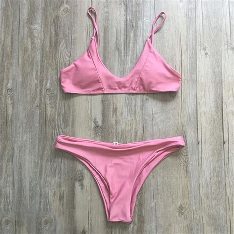 Adorável Rosa Cor Mulheres Sexy Cintura Baixa De Divisão Maiô Bikini