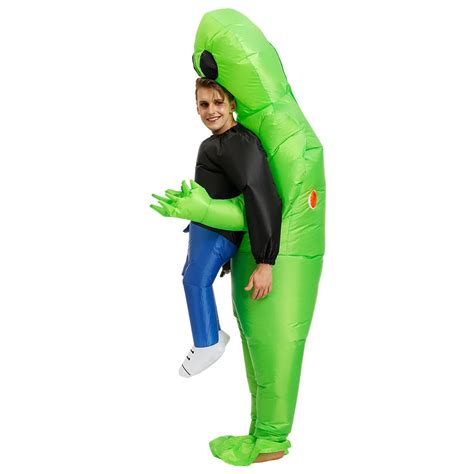 Green Alien Carrying Human Costume Retail Hits