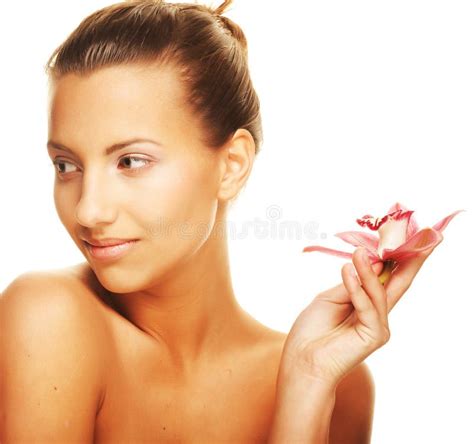 Girl Holding Orchid Flower In Her Hands Stock Photo Image Of