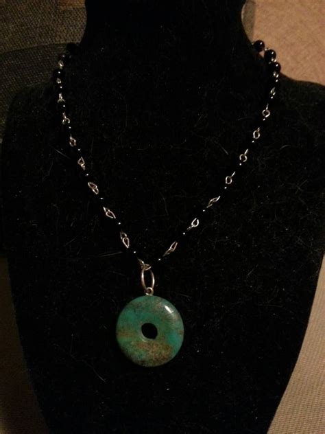 Handmade Beaded Black Jasper Necklace With Turquoise Circle Etsy