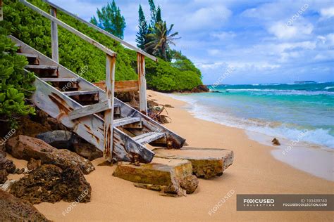 Scenic View Of Wooden Steps Onto Beach North Shore Oahu Hawaii
