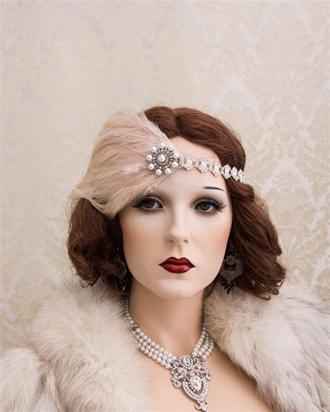 Blush Great Gatsby Headpiece Blush Feather Pearl Brooch Art Etsy