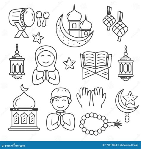 Set Of Islamic Doodle Vector Illustration In Cute Hand Drawn Style
