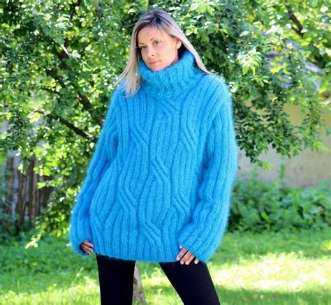Hand Knit Mohair Sweater Cable Blue Turquoise Fuzzy Etsy India