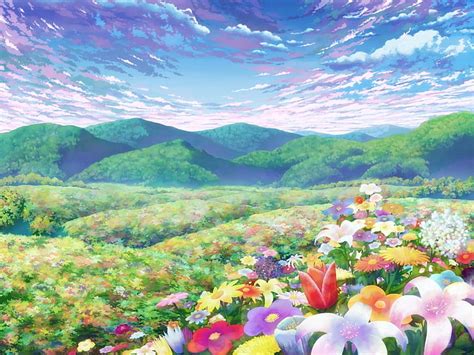 Hd Wallpaper Green Clouds Landscapes Flowers Hills Anime Blue Skies Nature Sky Hd Art