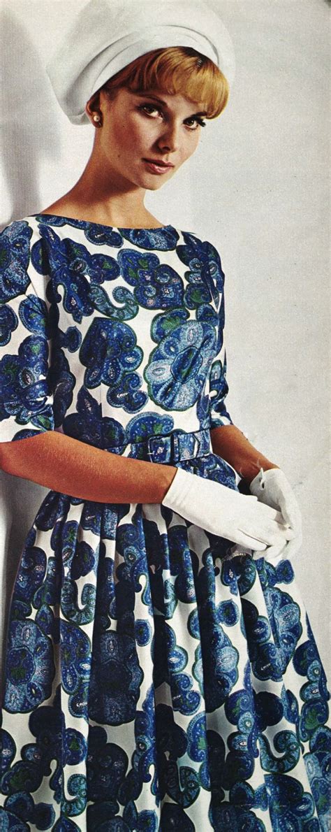 vintage fashion 60s blue white print dress full skirt model magazine ♥ 1965 sixties fashion