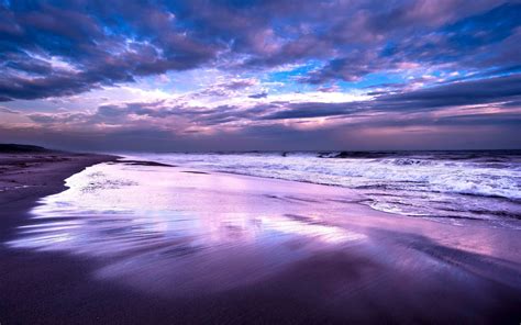 Beach Reflection Sea Ocean Purple Waves Shore Coast Wallpaper