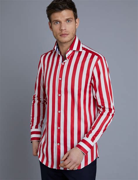 Mens Curtis Red And White Bold Stripe Slim Fit Shirt High Collar