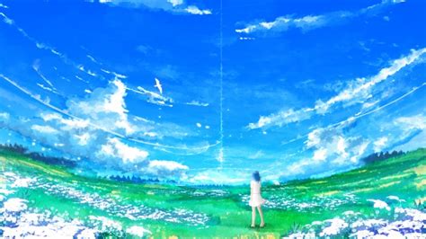 Wallpaper Anime Girl Landscape Field Clouds Sky