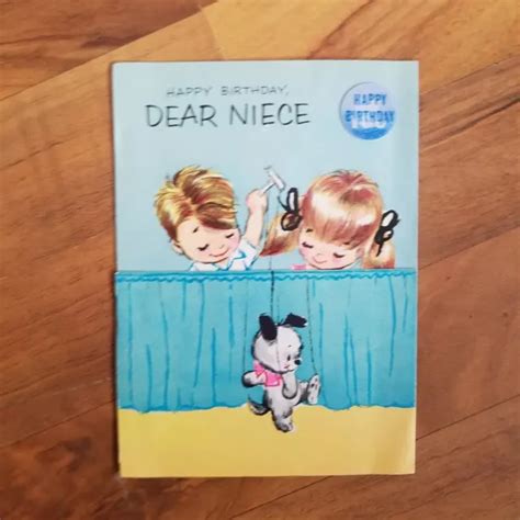 Vtg 1960s Birthday Card For Niece Puppet Show Anthropomorphic Cat And