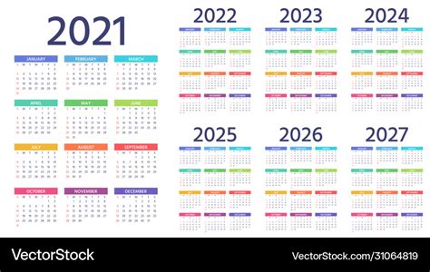 Calendar 2021 2022 2023 2024 2025 2026 2027 Years Vector Image