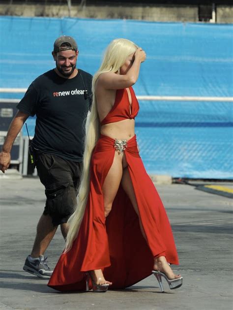 Lady Gaga Flashes Her Knickers In A Striking Red Gown On The Set Of American Horror Story