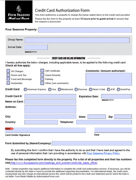 All you have to do is download it or send it via email. Free Four Seasons Hotels and Resorts Credit Card Authorization Form - PDF