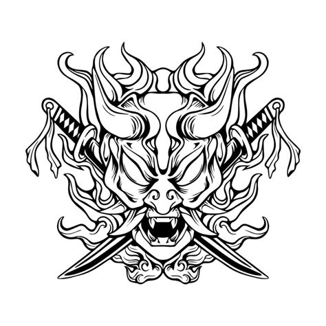 Hand Drawn Outline Samurai Skull And Sword Vector Art At Vecteezy