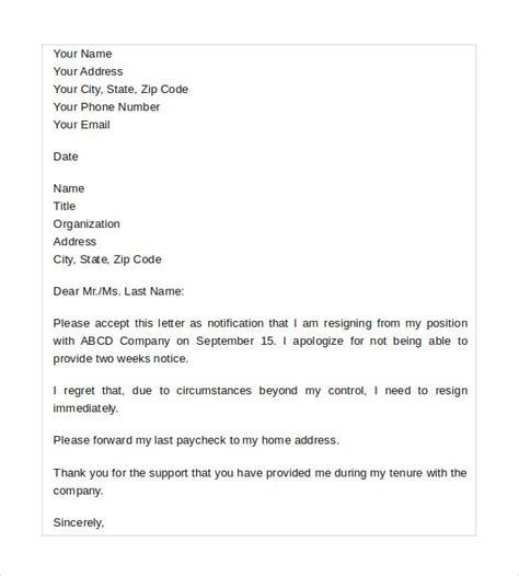 Free Resignation Letters No Notice Templates In Pdf Ms Word