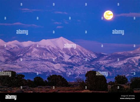 Full Moon Rise Over La Sal Mountains Canyonlands National Park Viewed