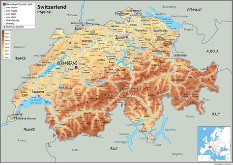 Svizzera Mappa Fisica Carta Plastificata A0 Size 841 X 1189 Cm