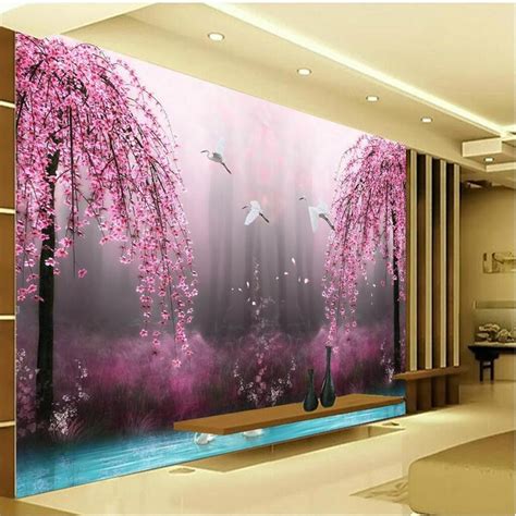 Romantic Purple Peach Crane Lake Wall Art Background