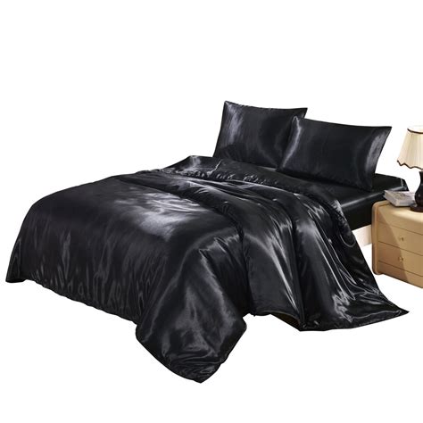 Juwenin Home Solid Color Satin Faux Silk Bedding Set Black Duvet Cover