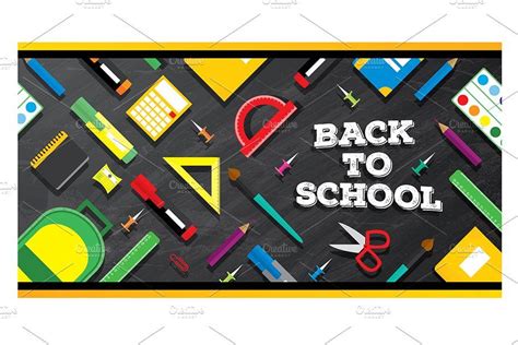 School Supplies On Blackboard School Supplies Colorful Notepads