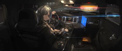 Download 2500x1055 Anime Girl Hacker In A Car Silver Hair Night