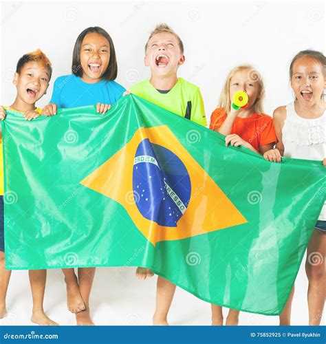 Group Of Children Holding A Brazil Flag Stock Image Image Of