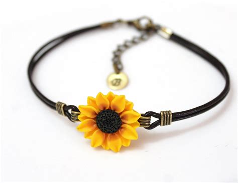 sunflower bracelet sunflower leather bracelet personalized etsy gelang dari kulit gelang