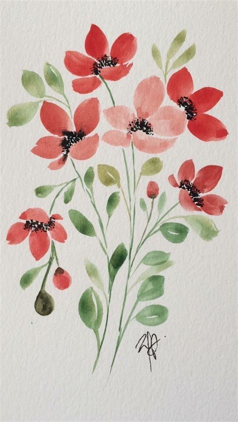 Watercolor Painting Of Red Flowers And Green Leaves