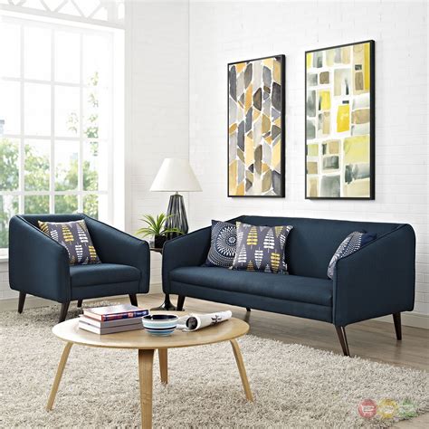Mid Century Modern Slide 2 Pc Sofa And Armchair Living Room Set Azure