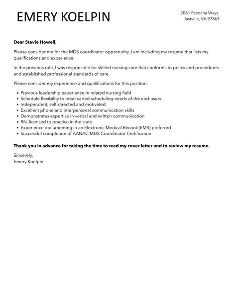 MDS Coordinator Cover Letter | Velvet Jobs
