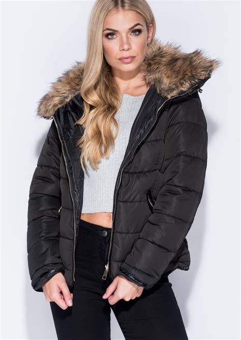 Faux Fur Collar Quilted Padded Puffer Jacket Coat Black