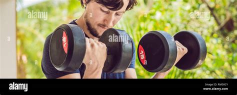 Bicep Curl Weight Training Fitness Man Outside Working Out Arms