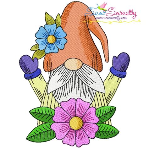 Gnome With Flowers 9 Embroidery Design Sew Sweetly