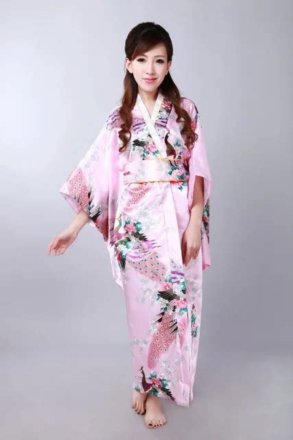 pink japanese women s silk satin kimono yukata evening dress haori kimono with obi peafowl one