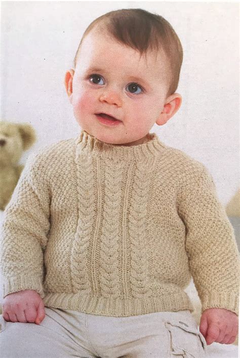 Child And Baby Cabled Sweater Shawl Neck Or Round Neck 4ply Knitting