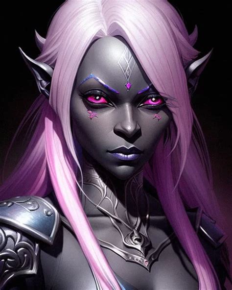 Ai Art Generator Obisidian Skinned Female Drow With Long Silver Hair And Pink Eyes From Head