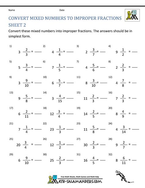 Converting Mixed Numbers To Improper Fractions Worksheet Grade 6