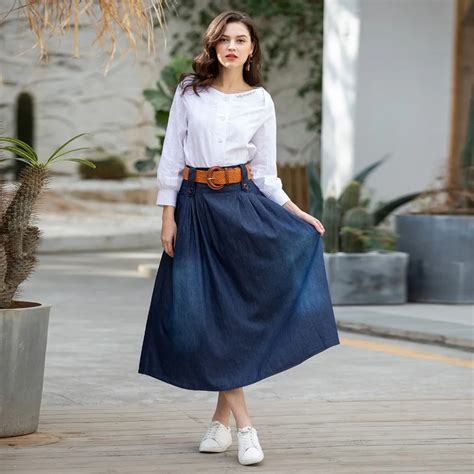 Dtynz 2019 Womens Plus Size Long Denim Skirts High Waisted Summer Maxi Skirt Pleasted Female
