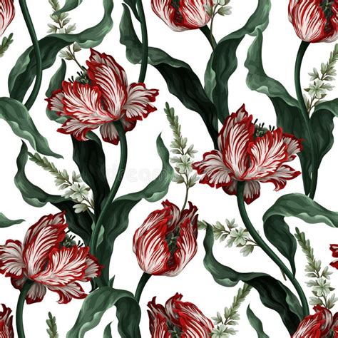 Seamless Pattern With Vintage Tulips Classic Vector Wallpaper Stock