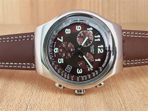 Swatch Mens Chronograph Swiss Made 47mm Brown Dial Watch Yos413