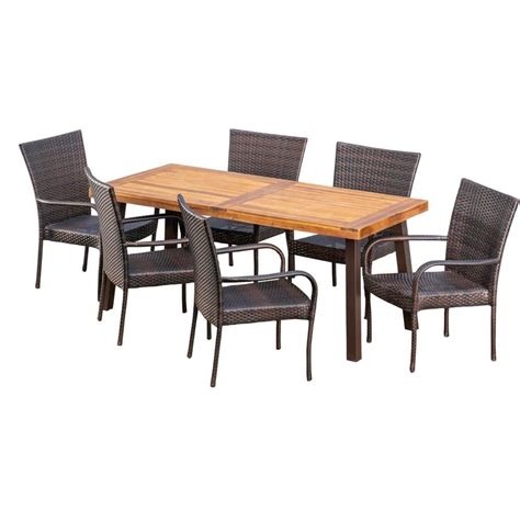 Noble House Malani 7 Piece Wood And Faux Rattan Outdoor Dining Set With