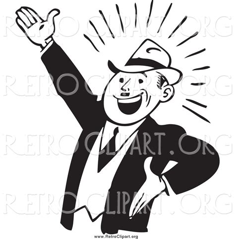 Clipart Of A Retro Black And White Enthusiastic Businessman Gesturing