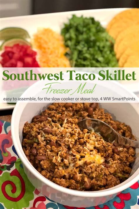 Season with taco seasoning, stir, cooking until meat has browned and cooked through. Southwestern Taco Skillet Freezer Meal - This low calorie ...