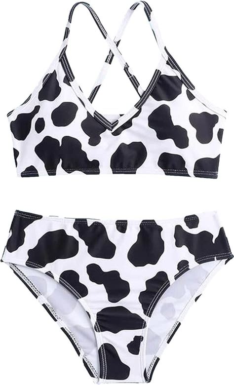 Floral Print Two Piece Cow Summer Swimsuit Girls Back Crisscross Cute