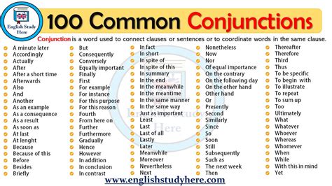 100 Common Conjunctions English Study Here