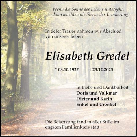 Traueranzeigen Von Elisabeth Gredel Trauerportal Ihrer Tageszeitung