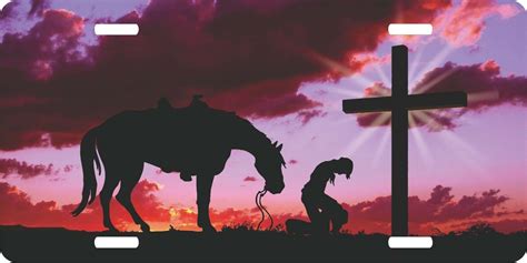 Christian Cowboy Praying Cross Horse Sunset Rodeo License Plate Car