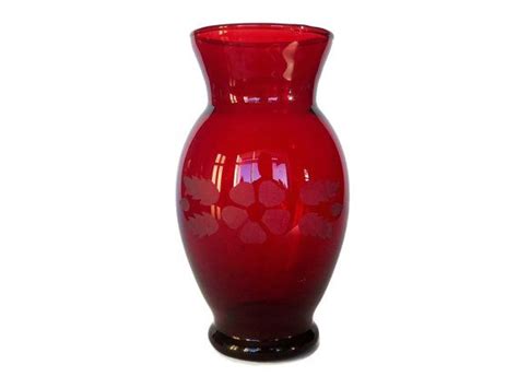 Royal Ruby Vase Anchor Hocking Red Glass Vase Etched Flower Pattern Vintage Art Glass Red