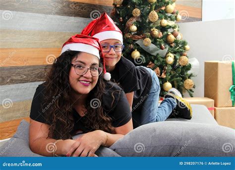 Divorced Single Mom And Year Old Dark Skinned Latino Son Wear Santa